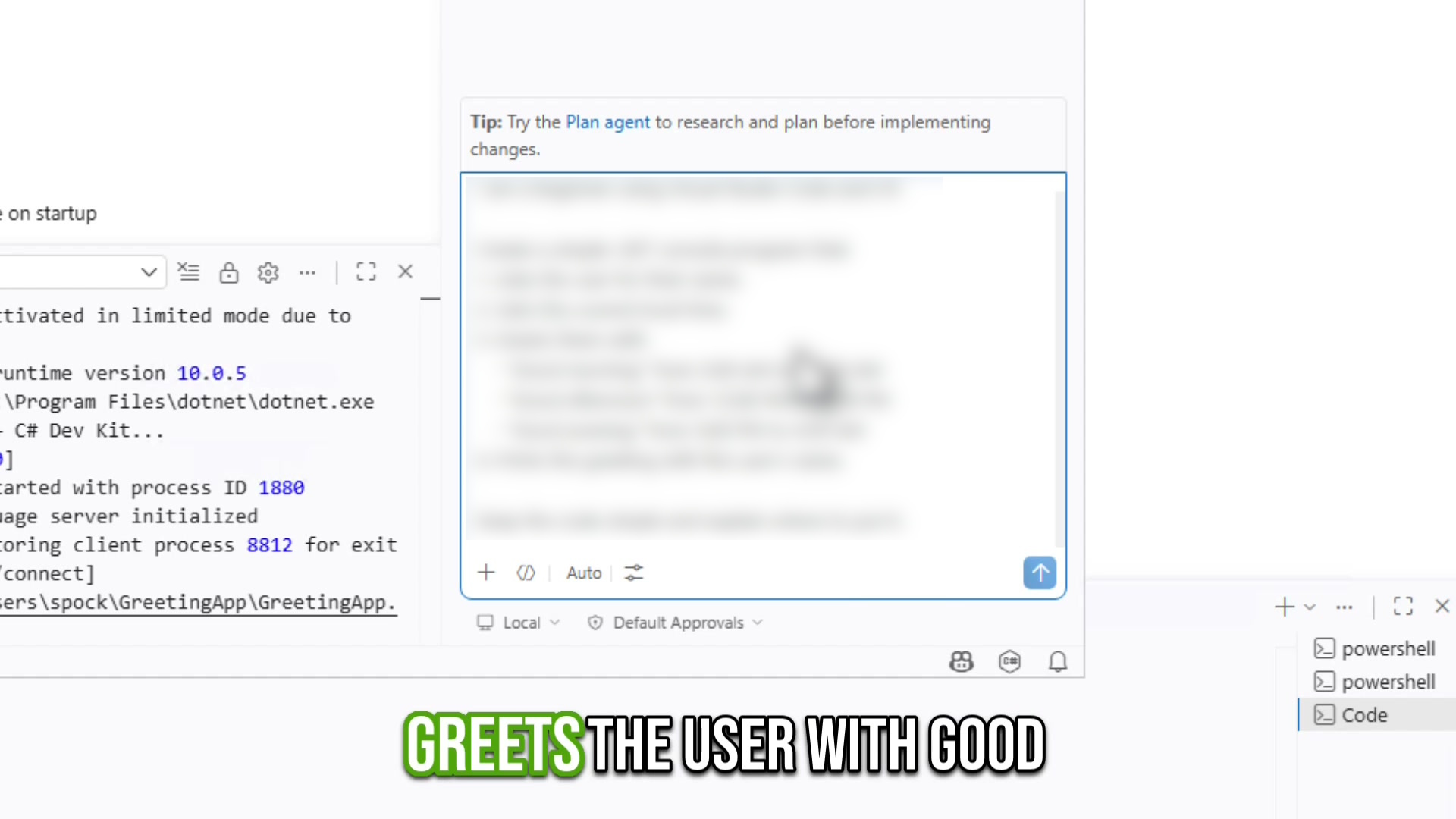 Detailed beginner prompt asking Copilot to create a time-aware C Sharp greeting program
