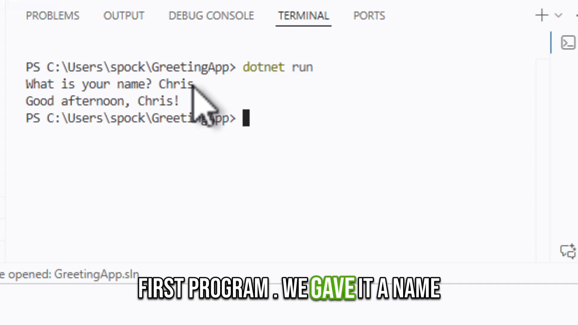 The completed Greeting App displaying Good afternoon, Chris in the Visual Studio Code terminal