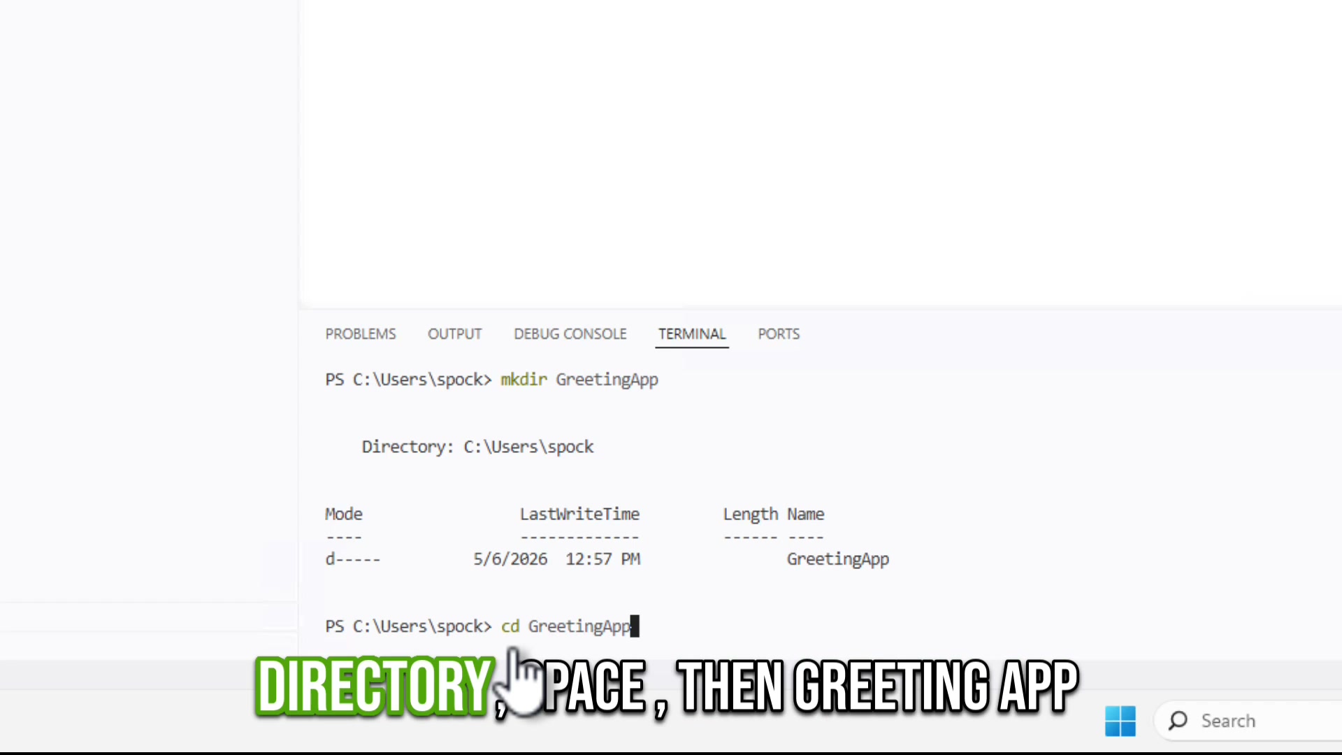 Creating and entering the GreetingApp project directory in the Visual Studio Code terminal